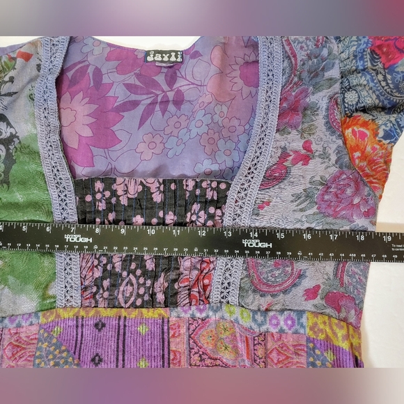 Jayli patchwork boho flutter sleeve maxi dress size M crochet bodice tie waist - Picture 9 of 10